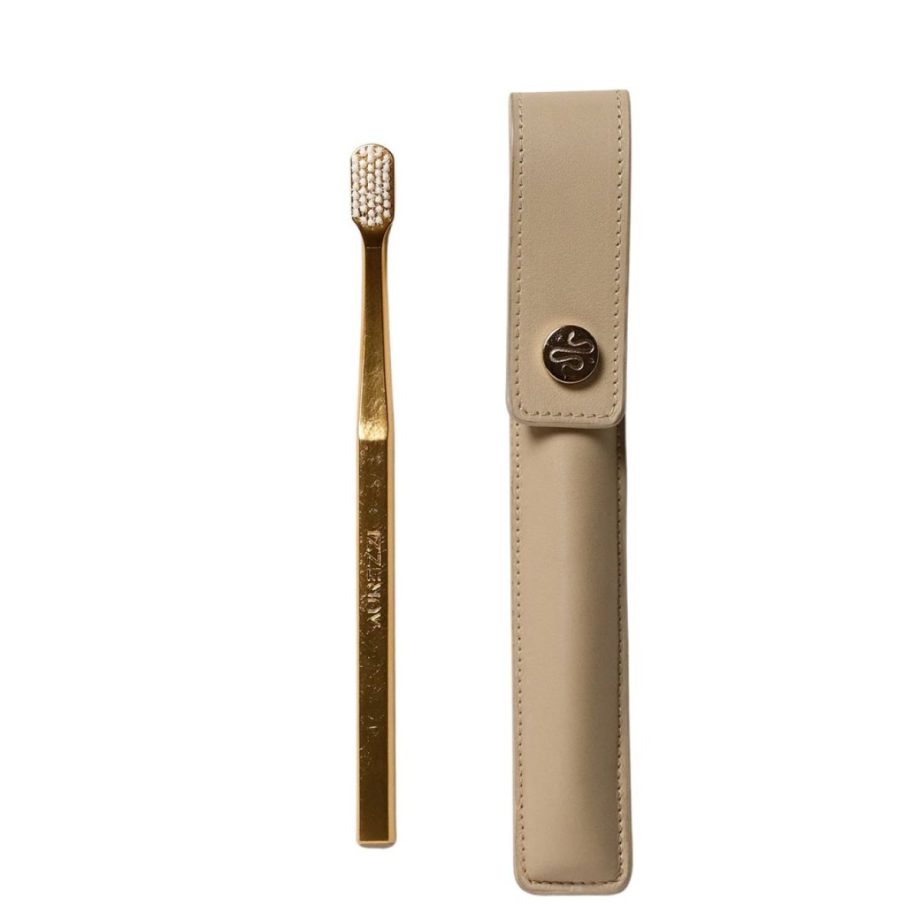 Aurezzi Leather Case Button Beige & Toothbrush